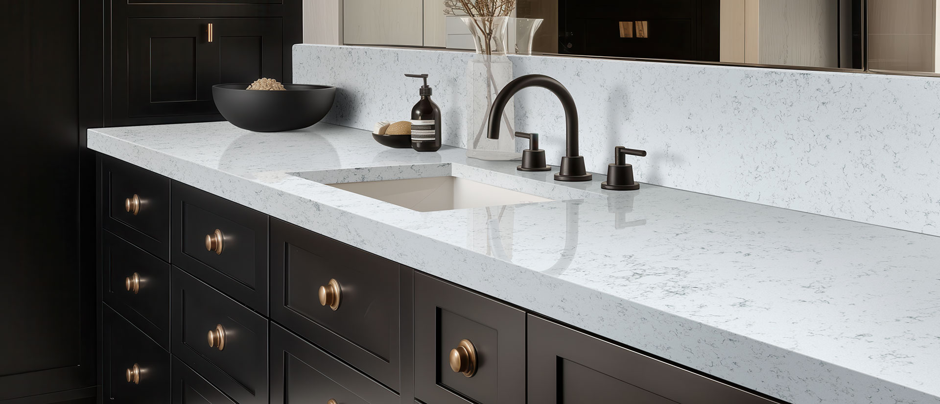 Fairy White Quartz countertop in a bathroom