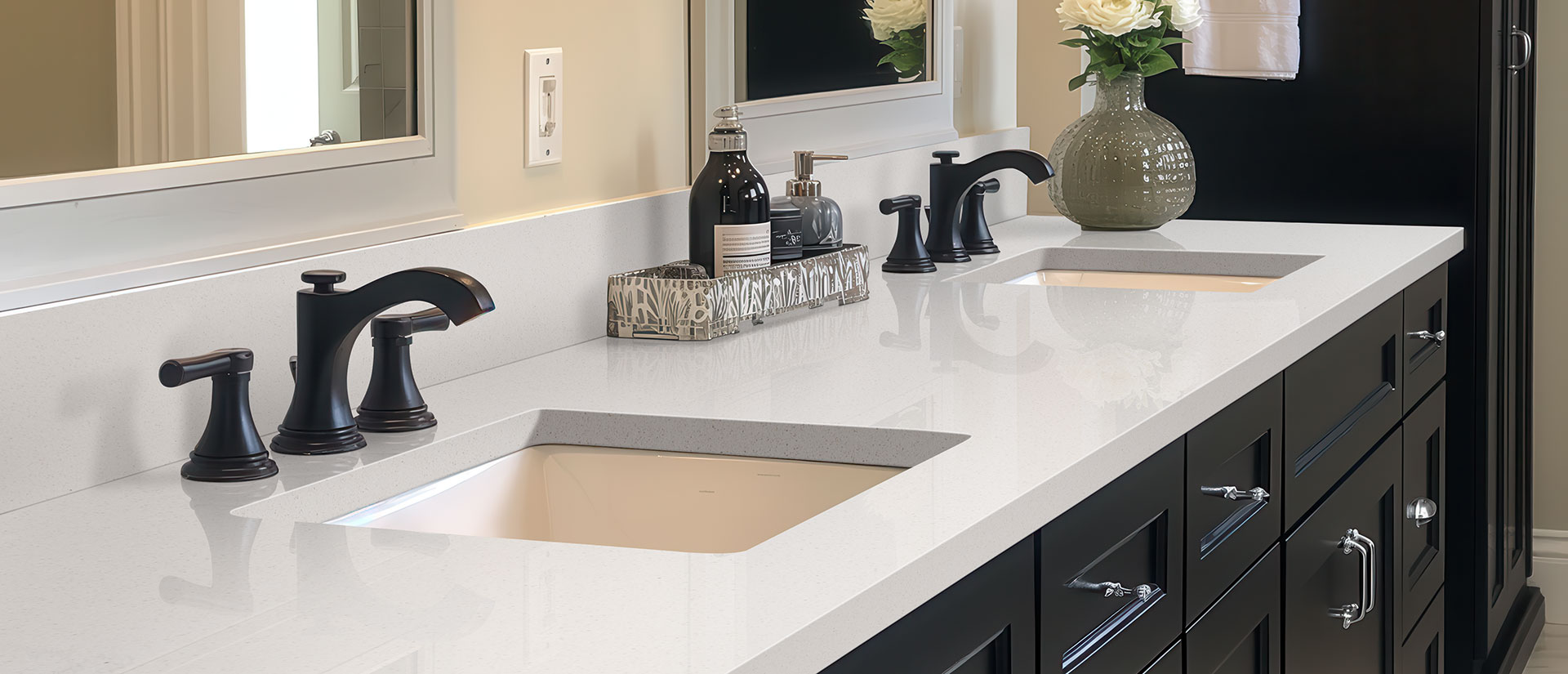 Frost White Quartz countertop in a bathroom — view 2