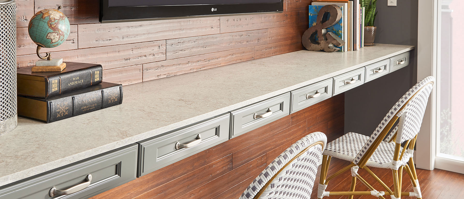 Gray Lagoon Concrete Quartz countertop installed — view 2
