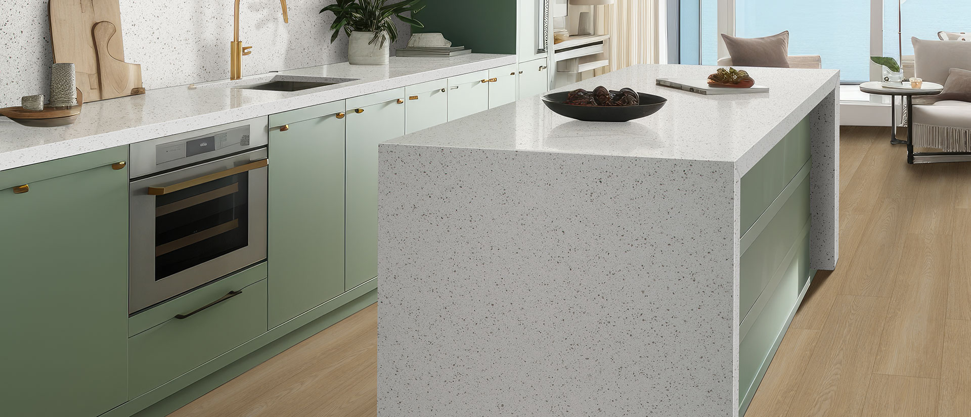 Iced White Quartz countertop in a kitchen — view 2