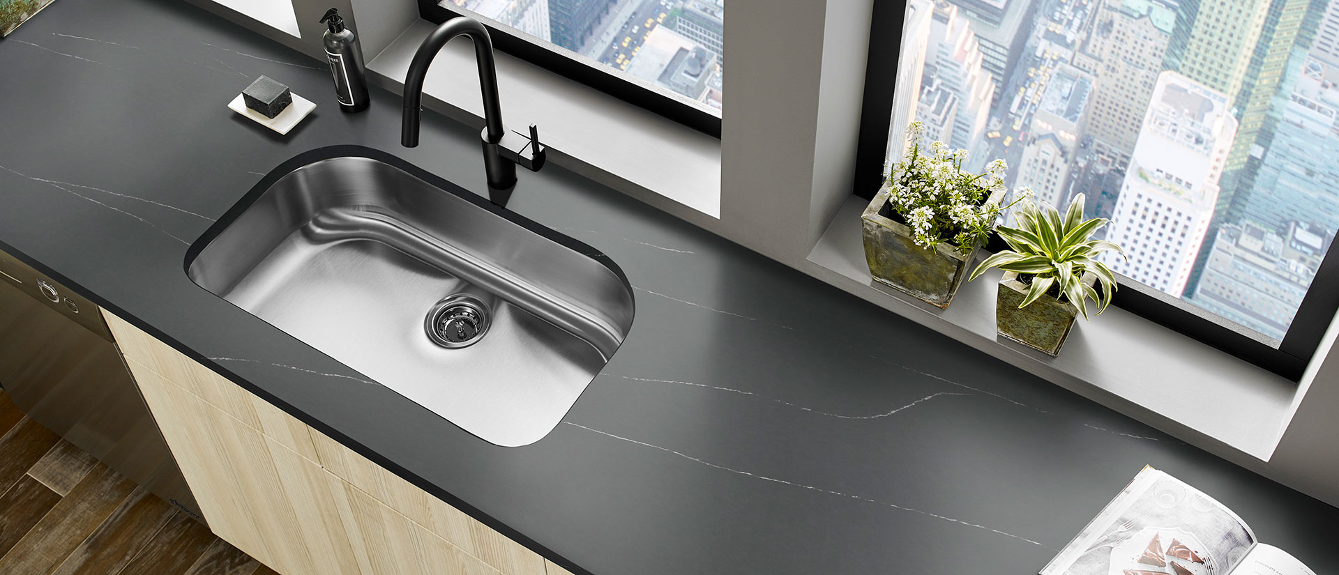 Soapstone Metropolis Quartz countertop installed — view 2