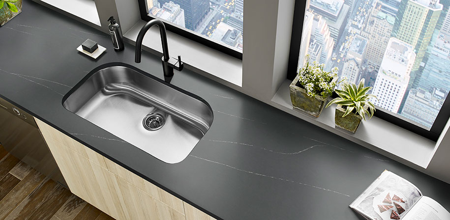 Soapstone Metropolis Quartz countertop installed — view 3
