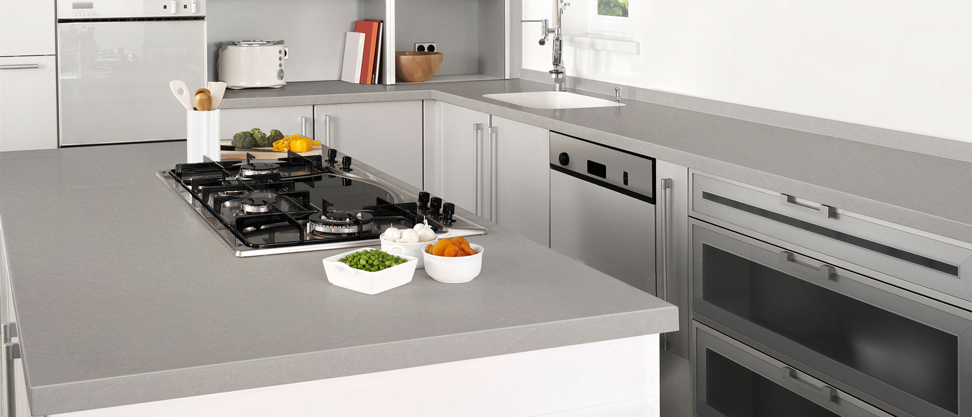 Soapstone Mist Concrete Quartz countertop installed