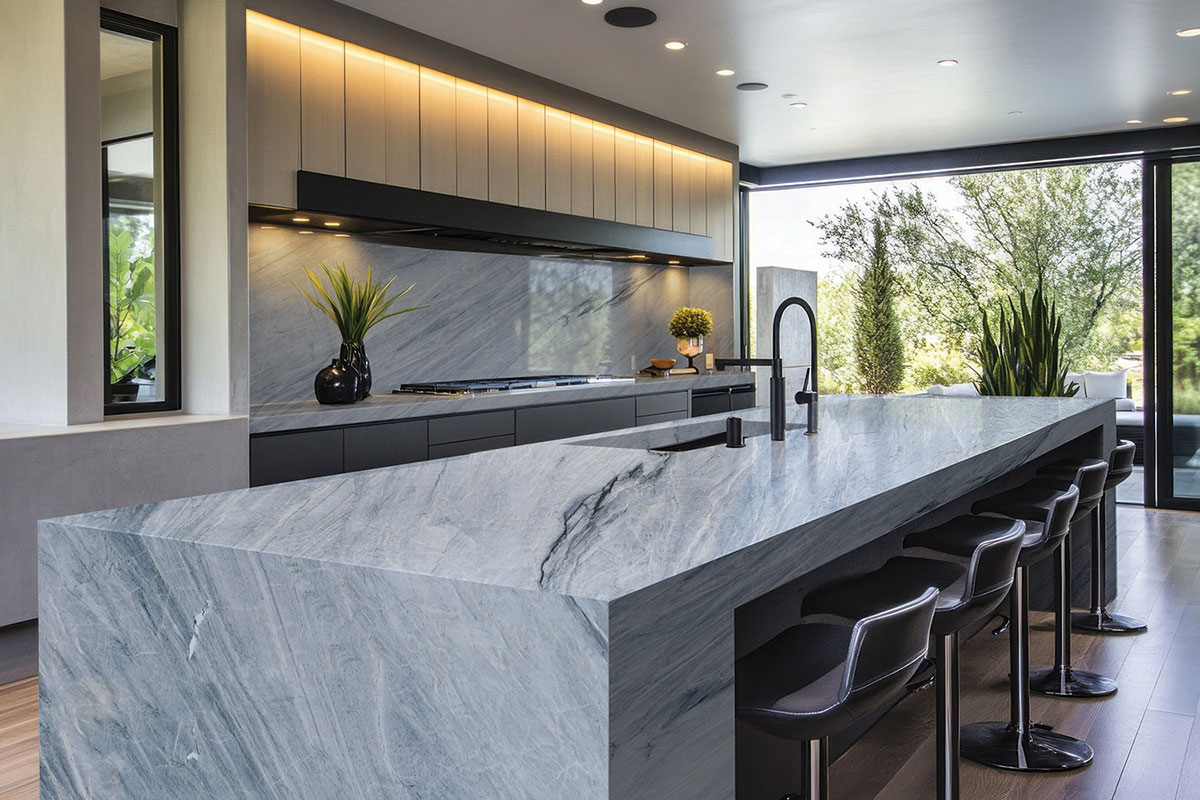 Blue Fusion Quartzite countertop in a kitchen
