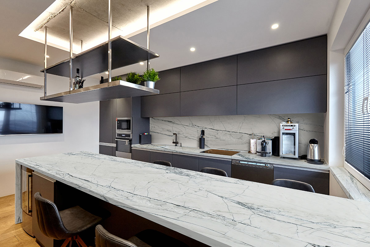 Fantasy Montreal Quartzite countertop installed — view 3