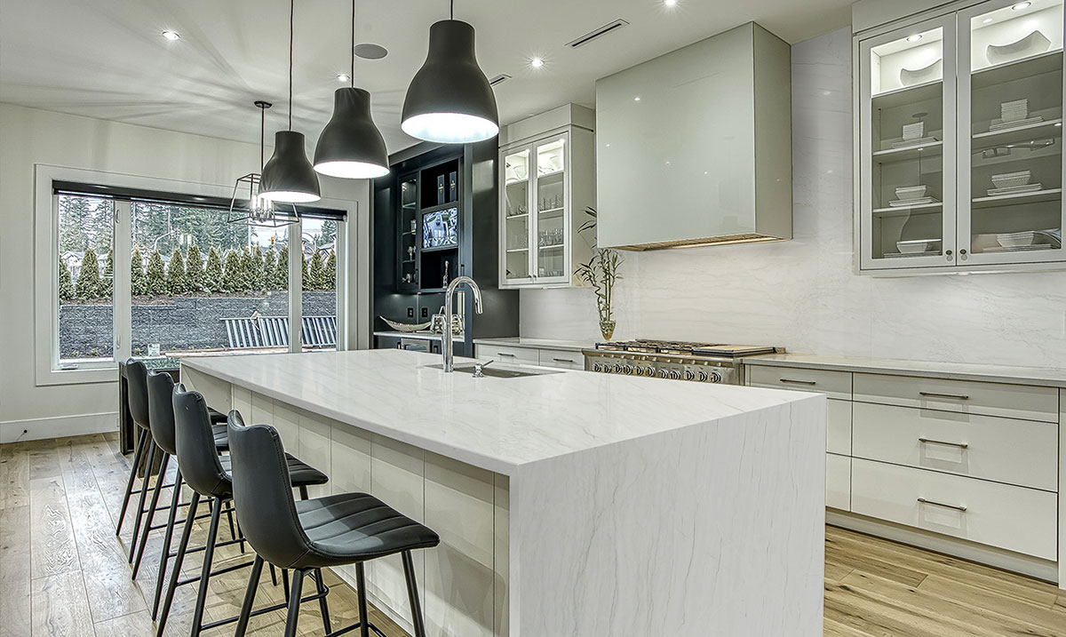 White Montreal Quartzite countertop installed — view 2